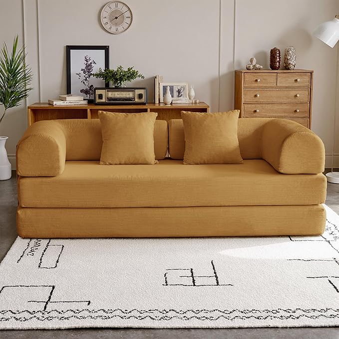 87'' Convertible Compressed Corduroy Folding Cloud Sofa Bed Modern Modular Boneless Pull Out 3 Seater Sleeper in a Box 5 in 1 Foldable Floor Mattress Couch No Assembly Need Yellow Pillows King