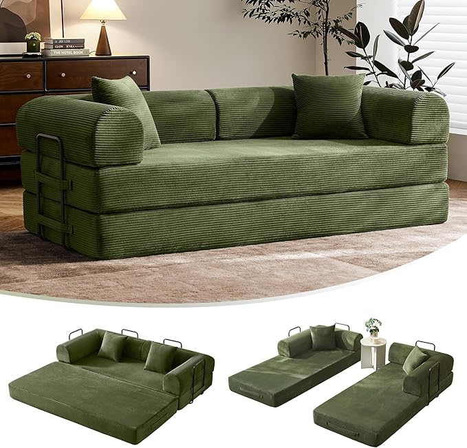 79 Convertible Sofa Bed with Fixed-Shape Frame &amp Removable Armrests Modular Corduroy Sleeper Sofa Folding Mattress Couch for Small Spaces - No Assembly Needed in Green (Includes 2 Pillows)