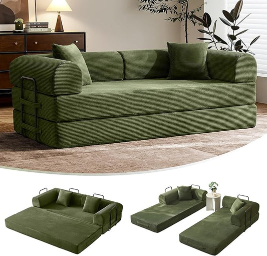 79 Convertible Sofa Bed with Fixed-Shape Frame &amp Removable Armrests Modular Corduroy Sleeper Sofa Folding Mattress Couch for Small Spaces - No Assembly Needed in Green (Includes 2 Pillows)