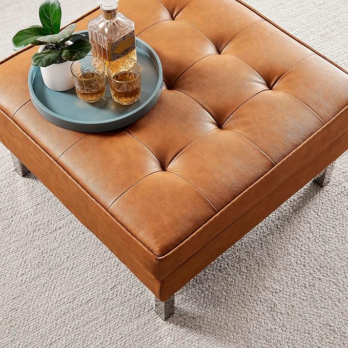 Modway Loft Tufted Button Faux Leather Upholstered Square Ottoman in Silver Tan