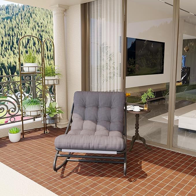 Indoor and Outdoor Rocking Chair with Thick Cushion Outdoor Deck Egg Rocker with Metal Frame Adjustable Rocking Range and Fixed Rope Waterproof Cushion Bedroom Living Room Porch Garden Lawn