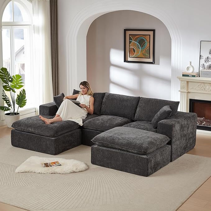 KEIKI 108 U-Shaped Oversized Chenille Modular Sectional Sofa with 2 Ottoman &amp High-Density Foam Cushion &amp Pillows Upholstered Modern Cloud 3-Seater Couch Easy Assembly for Living Room Dar