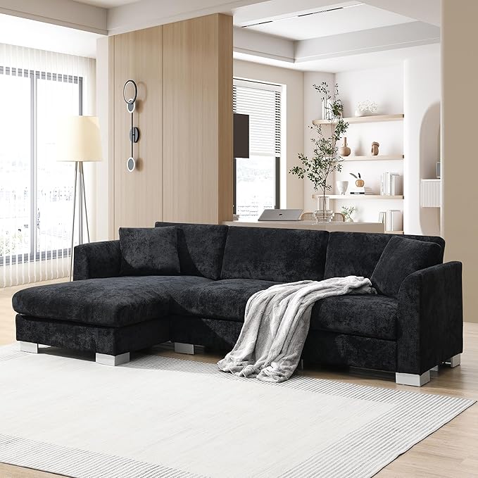 96 * 56 Modern Cloud Sectional Sofa L-Shaped Luxury Couch Set with 2 Free Pillows4-seat Chenille Indoor Furniture with Oversized Chaise for Living Room Apartment Office