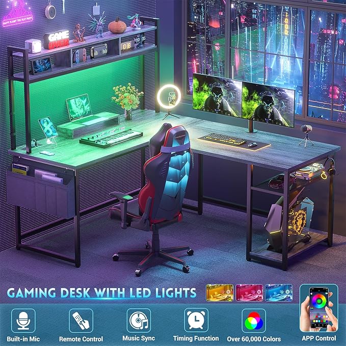 Aheaplus L Shaped Gaming Desk 59 Gaming Desk with Power Outlet and Led Lights Reversible L Shaped Computer Desk with Hutch &amp Monitor Stand Home Office Desk L Shaped Corner Desk White Oak