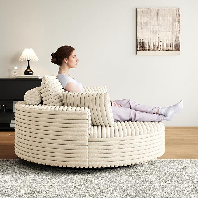 TTK 55” Oversized Corduroy Swivel Chair Fluffy 360° Rotating Sleeper Armchair with Pillows &amp Headrest Full Foam Barrel Chair for Living Room Bedroom Reading Nook Lounge or Apartment Beige
