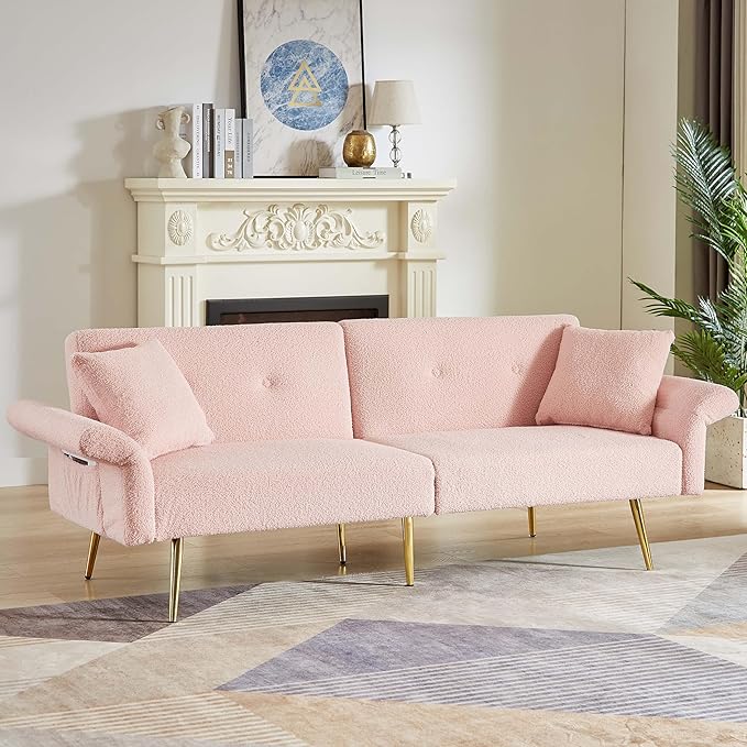 69.5''Pink Futon Loveseat Sofa Bed Teddy Upholstered Folding Couch with Adjustable Backrest and Armrests Sleeper Couches with Side Pocket and Gold Metal Legs for Small Space Living Room (Pink)