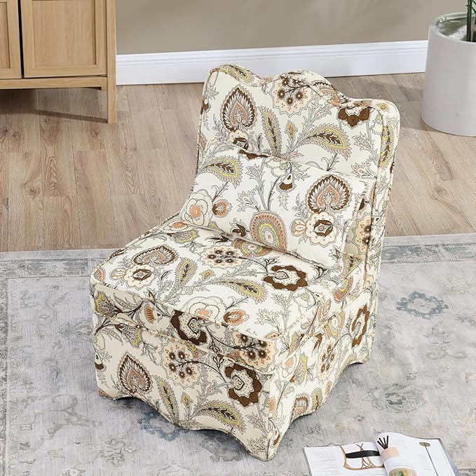 TTK Flannel Upholstered Accent Chair - Retro Single Sofa Chair with Floral Pattern Armless Lounge Chair with Removable Cushion &amp Pillow Comfortable Dining Chair for Living Room (Brown)
