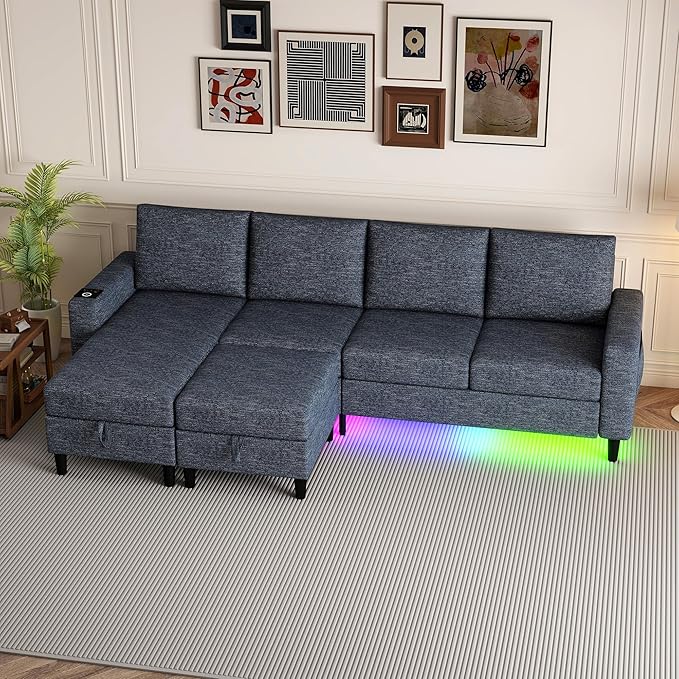 Sectional Couches for Living Room 4 Seat Sectional Sofa with Smart Module-Wireless Charging/USB/Type-C/RGB Light U Shaped Couch with Reversible Chaise Lounge/Storage Ottoman (Blue)
