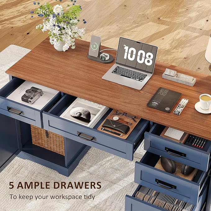 Whalefall 55'' Farmhouse Desk Home Office with Drawers Executive Computer Desk Wooden with File Cabinet and Charging Station Blue