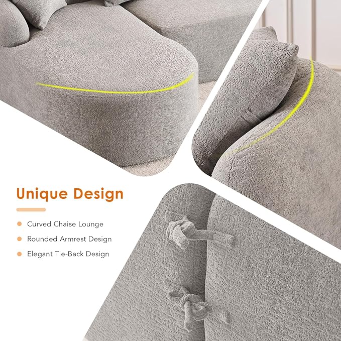 Curved Sectional Sofa Couch Oversized L Shape Deep Seat Cloud Couch Modern Chenille 4-Seater Sofa with Chaise No Assembly Required Couches for Living Room Apartment Office Grey