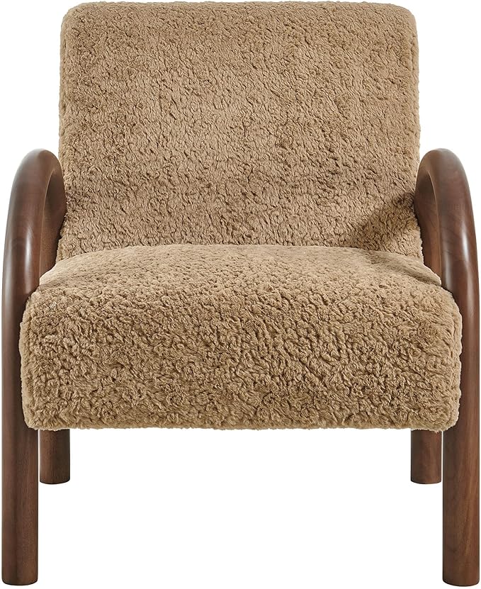 Modway Lunet Faux Shearling Upholstered Accent Chair in Sand – Modern Fuzzy Lounge Armchair with Arched Wood Arms