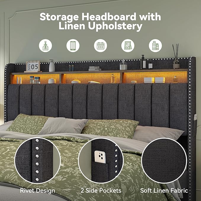 Torana Full LED Bed Frame with 2 Drawers Linen Upholstered Storage Wingback Headboard Beds Channel Tufted Platform Bedframe with Rivet Decor No Box Spring Needed Dark Grey