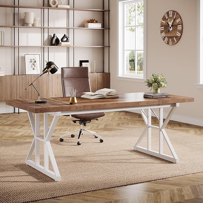 Tribesigns 70.86-Inch Large Executive Desk Industrial Home Office Computer Desk Simple Long Writing Study Table Business Furniture (Brown-White)