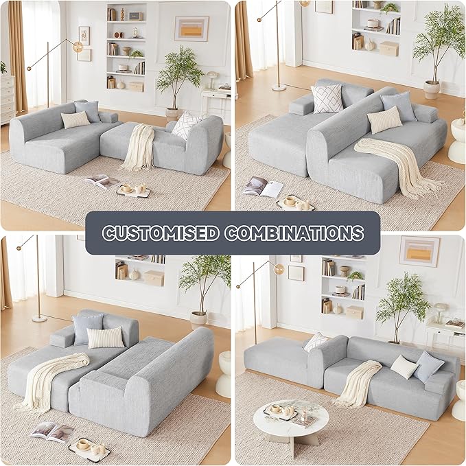 107” Modular Sectional Sofa Boneless Couch Modern Sofa for Living Room High Density Sponges Cloud Couch Sectional L-Shape Couches for Living Room LightGrey