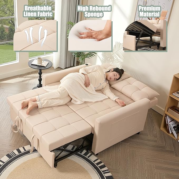 52 Sleeper Sofa with Pull-Out Bed 3-in-1 Convertible Sofa Bed Set of Loveseat with Stepless Adjustable Backrest and Side Pocket for Living Room Dorm Apartment Linen Beige