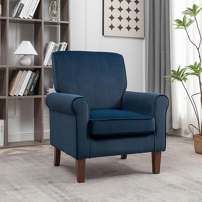 Classic Accent Armchair with Birch Wood Frame and Comfortable Rolled Armrests Arm Chairs for Living Room Bedroom and Office Decor Blue