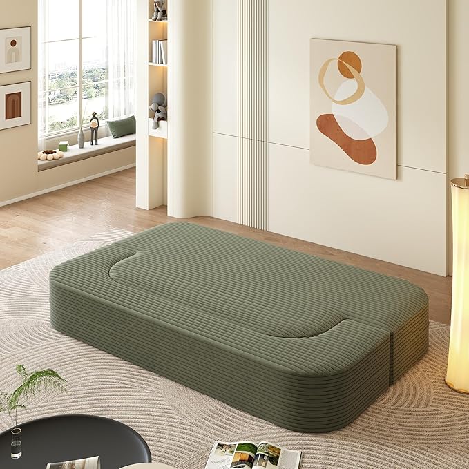 2 in 1 Convertible Folding Sofa Bed with Multi Functional BlanketCorduroy Loveseat Couch BedFull Size Floor Boneless Couches for Living Room BedroomGreen