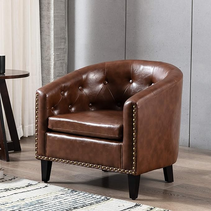 Generic PU Leather Tufted Barrel ChairTub Chair for Living Room Bedroom Club Chairs Dark Brown