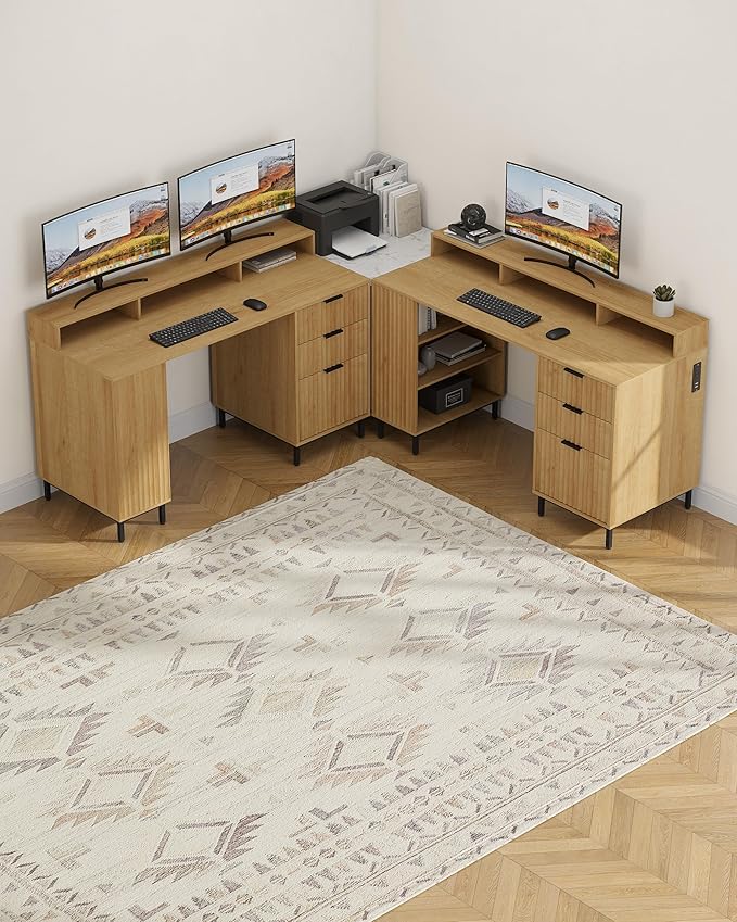 55'' Fluted Executive Desk with Drawers Modern Home Office Computer Desk with Charging Station File Drawer Monitor Stand Storage Shelf for Work Writing Study Natural Oak