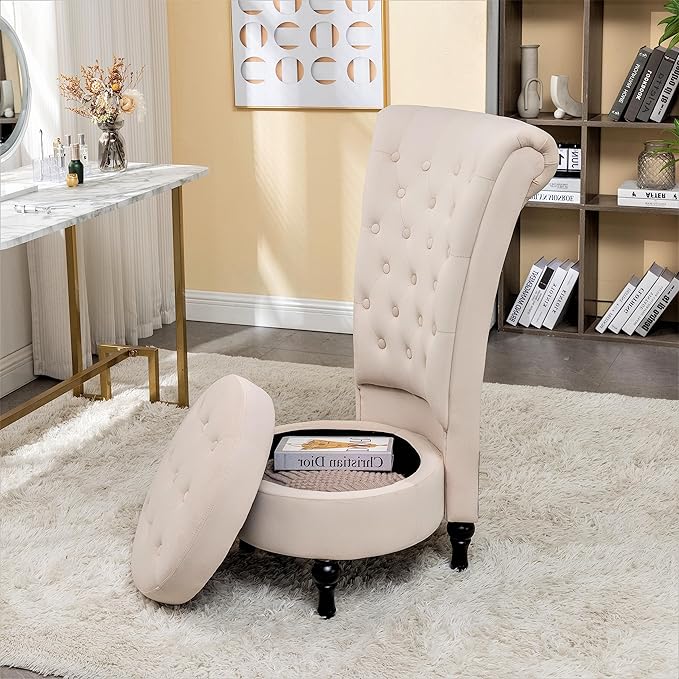 Royal High-Back Velvet Accent Chair for Vanity with Storage and Luxurious Upholstery Retro Design and Versatile Usage for Living Room Bedroom Lounge and Office Ivory