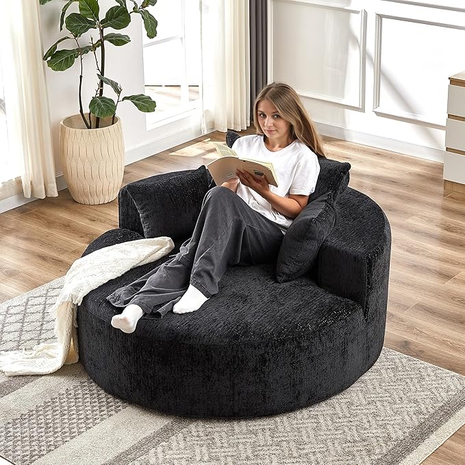 55 Oversized Chaise lounge Chair Indoor Modern Upholstered Deep Seat Wide Armrest Single Floor Circle Round Sofa Chair Sleeper for Small Living Room Bedroom Apartment with Pillow Black Chenille