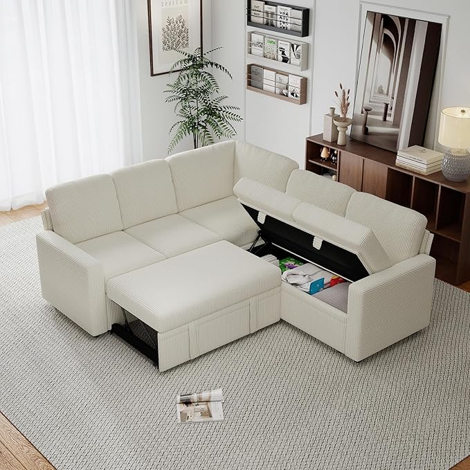 Corduroy L Shaped Sofa Set for Living Room5 Seater Modular Sectional Sofa Couch with StorageModern Corner Couch BedConvertibe Pullout Sleeper Sofas for Bedroom (Corduroy Beige 5 Seater)
