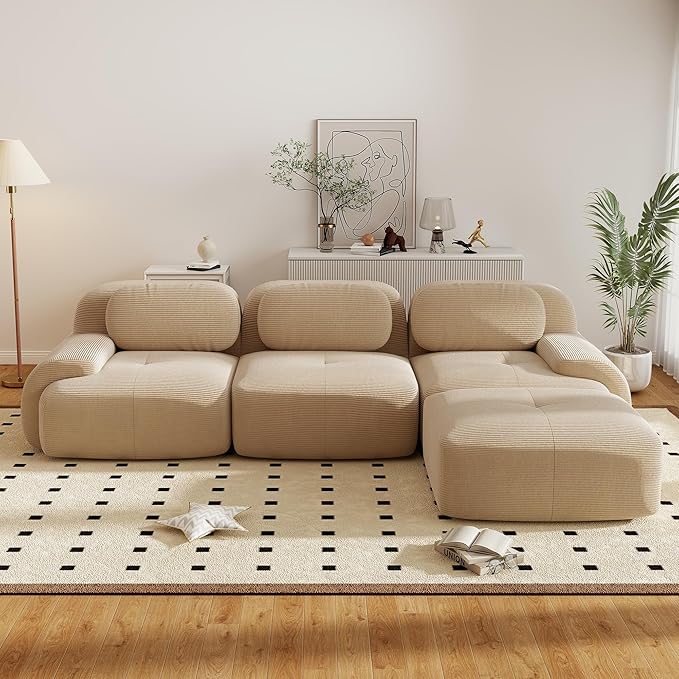 117.3” Modular Sectional Sofa Corduroy L Shape Boneless Couch with Ottoman Comfy 4 Seater Cloud Sofa Sectional Deep Seat Modern Upholstered Couches for Living Room No Assembly Required