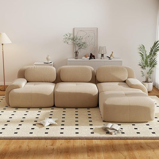 117.3” Modular Sectional Sofa Corduroy L Shape Boneless Couch with Ottoman Comfy 4 Seater Cloud Sofa Sectional Deep Seat Modern Upholstered Couches for Living Room No Assembly Required