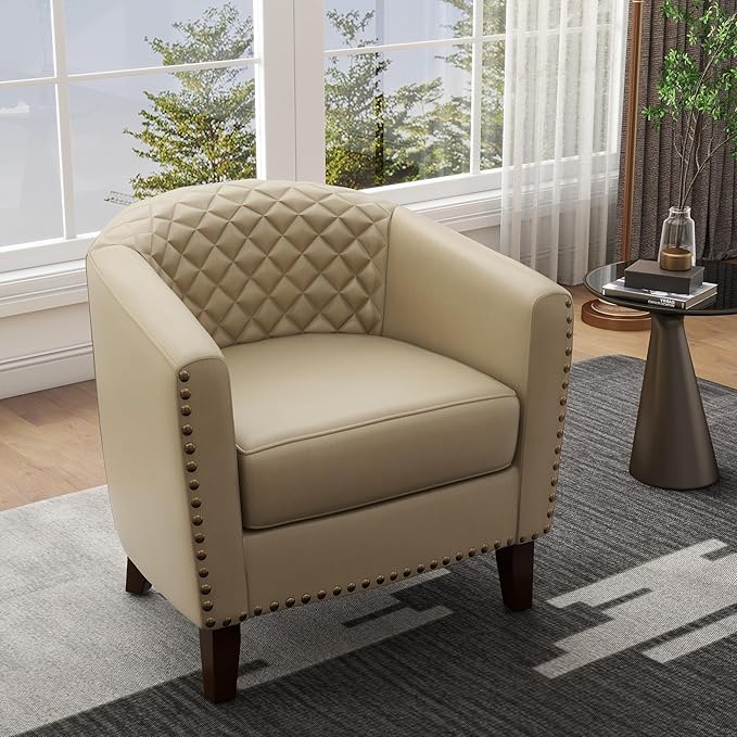 UIXE Faux Leather Accent Chair Barrel Club Chair Upholstered Armchair for Living Room Comfy Modern Round Arm Chair Bedroom Reading Seat - Beige
