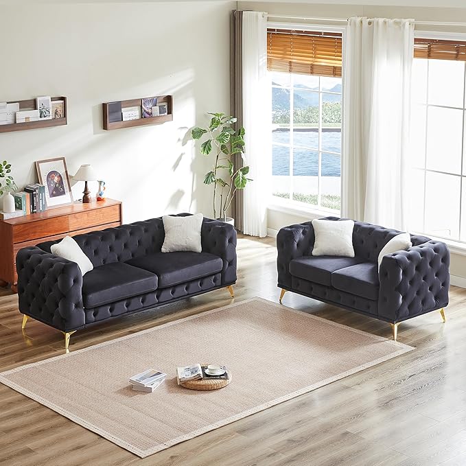 KEIKI 2-Piece Luxury Chesterfield Sofa Set with 1 Velvet 3-Seater Sofa &amp 1 Loveseat Sofa Mid-Century 5-Seater Tufted Button Couch Set with 4 Pillow &amp High-Density Foam Cushion for Living Roo