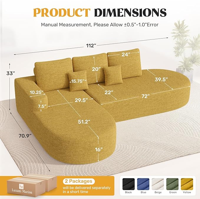 112 Modern Curved Cloud Couch Chenille Boneless Couches for Living Room with Deep Seat Memory Foam Compressed Modular Sectional Sofa No Assembly RequiredYellow 1 PCS