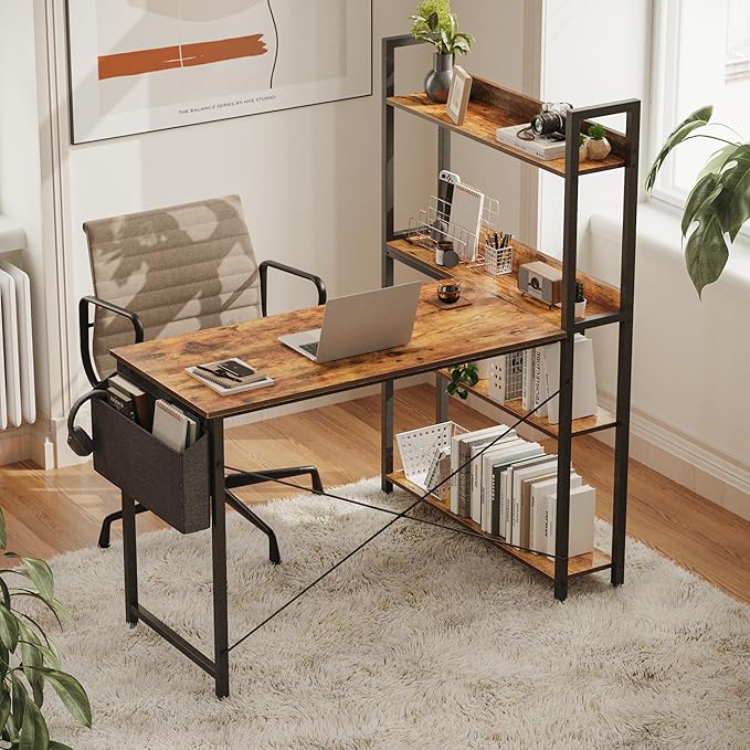 Treesland 47 Inch Computer Desk with Bookshelf Corner Desk with Storage L Shaped Desk Home Office Desks Writing Study Desk for Bedroom Brown