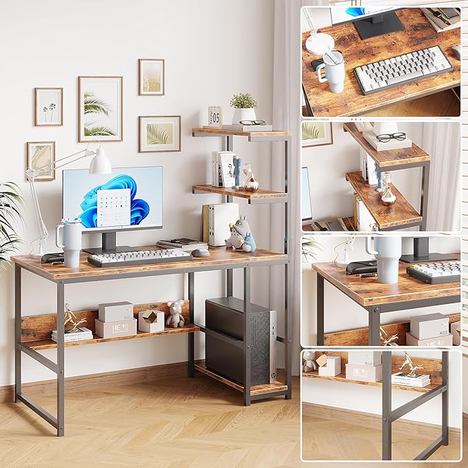 L-Shaped Computer Desk with 4-Tier Storage Shelves 43 inch Writing Desk with Bookshelf for Home Office Reversible Corner Gaming Desk for Bedroom Brown (Brown)