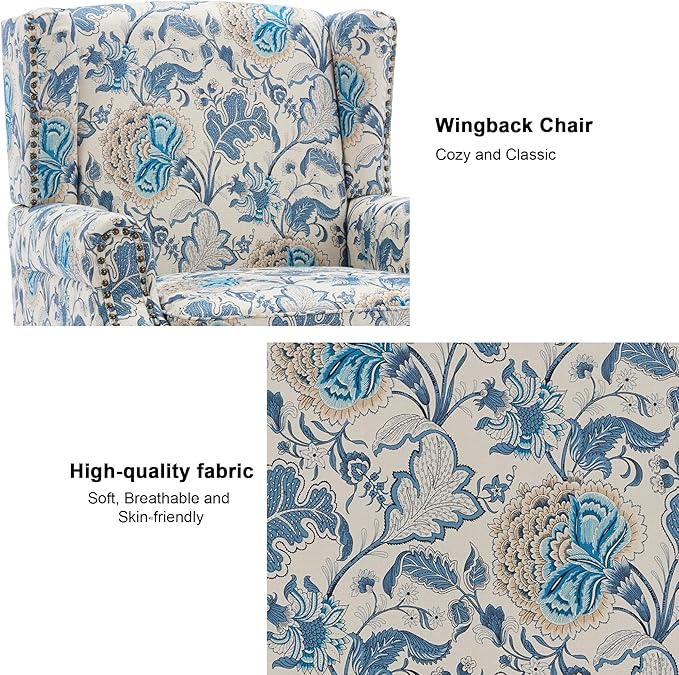 Floral High Back Accent Chair Upholstered Armchair with Solid Wood Legs Comfy Wingback Reading Single Sofa Chair for Small Spaces Living Room Bedroom(Floral Boho Blue Set of 1)
