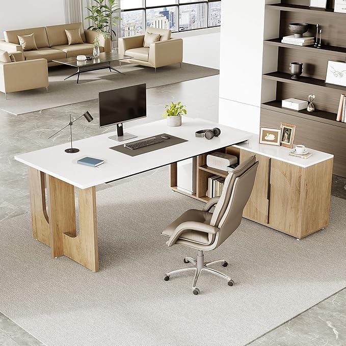 LITTLE TREE 74-Inch Executive L-Shaped Desk with Storage Cabinet &amp Shelves Large Home Office Computer Desk Modern Business Workstation for Professionals (Oak &amp White)