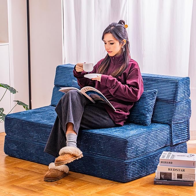 Folding Sofa Bed Convertible Sleeper Chair with Pillow High Density Memory Foam Fold Out Couch Foldable Mattress Futon Sofa for Living Room/Dorm/Guest Use/Apartment/Home Office