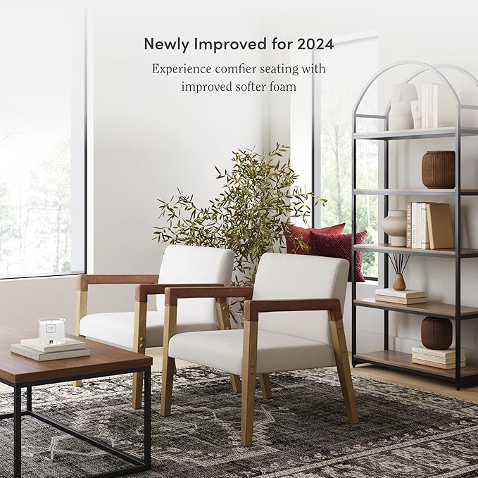 Nathan James Hudson Accent Living Room Chair Comfy Reading Bedroom Chair Mid-Century Wood Armchair Upholstered Fabric and Leather Armrest Set of 2