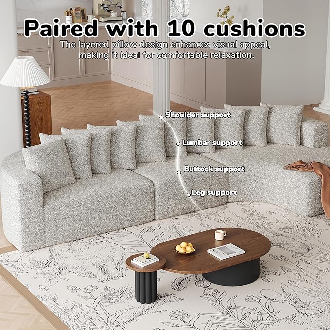 131 Boneless Chenille Sectional L-Shaped Sofa Modern Cloud-Shaped Curved 3-Seater Sofa Includes 10 Pillows Living Room Fabric Corner Couch (Light Khaki 131 Right Chaise)
