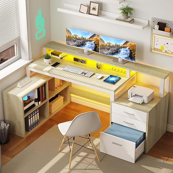 YITAHOME L Shaped Desk with 3 Drawers 65 Corner Computer Desk with Power Outlets &amp LED Lights L-Shaped Desk with File Cabinet &amp Printer Stand for Home Office White &amp Oak