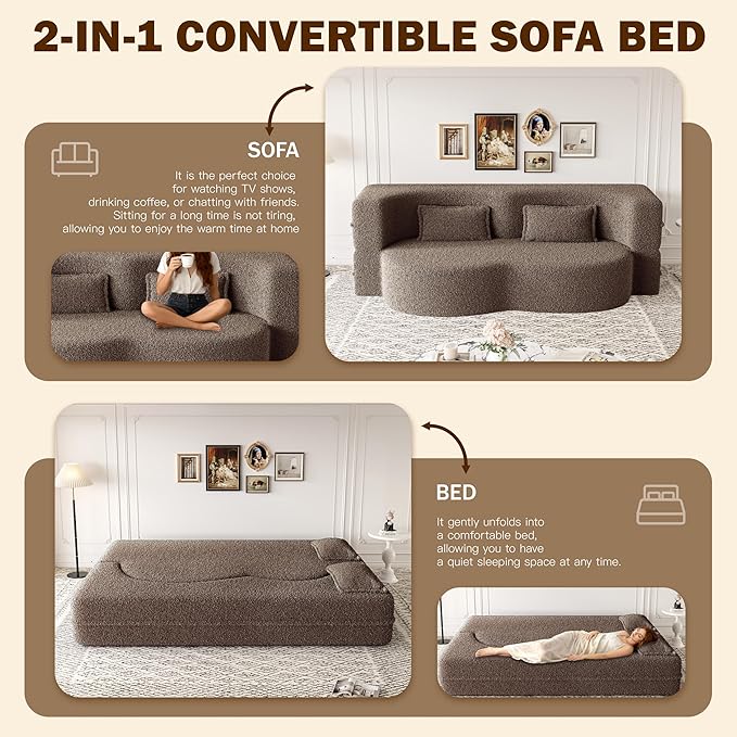 JOYBASE 78in Sofa Couch Convertible Oversized Cloud Loveseat Minimalist Sleeper Sofa Bed for Living Room Apartment Office No Assembly Required (Brown)