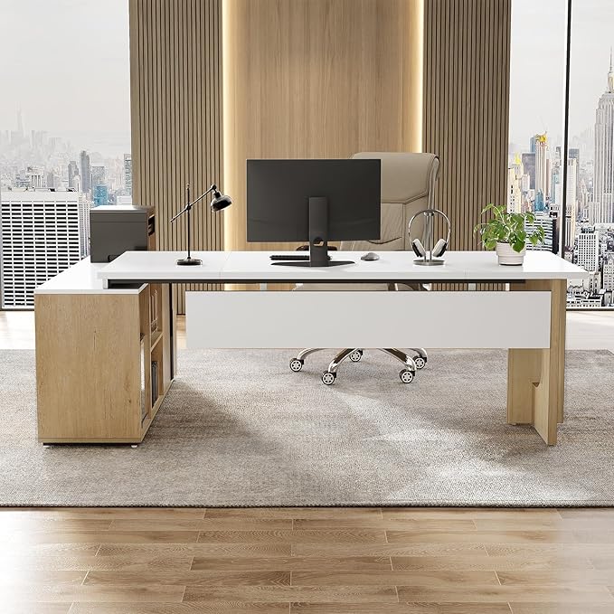 LITTLE TREE 74-Inch Executive L-Shaped Desk with Storage Cabinet &amp Shelves Large Home Office Computer Desk Modern Business Workstation for Professionals (Oak &amp White)