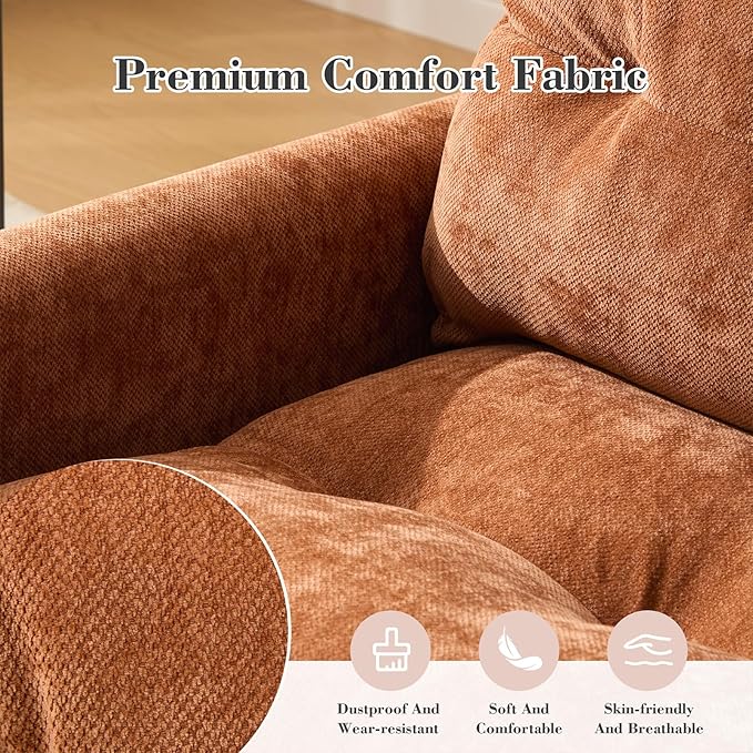 Oversized 360° Swivel Accent Armchair Chair and a Half with Side Pockets and Wide armrest Solid Metal Base Comfortable Single Sofa Chair for Living RoomBedroom Reading Room (Brown)