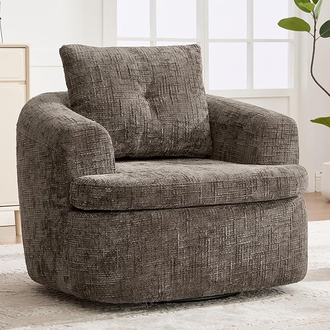 Merax 360° Swivel Sofa Chair Chenille Fabric Accent Barrel Chair 36.6 Swivel Round Chair with Dual-Layer Cushion Design for Living Room Bedroom Office and Hotel Brown