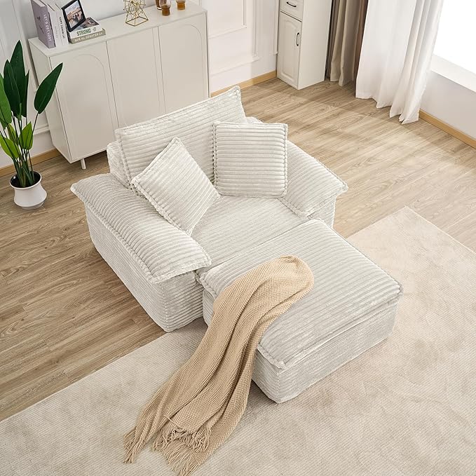 Boneless Sofa with Removable OttomanUpholstered Sofa Bed with PillowsPlush Faux Fur Lounge Reading Chairs with ArmrestsCloud Couches for Living RoomNo Assembly Required (White Single seat) | No A