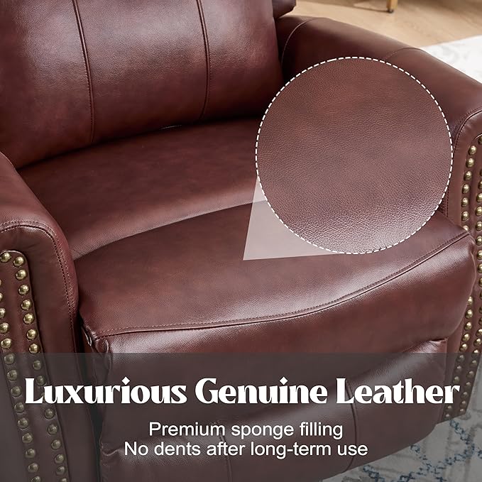 Manual Rocker Swivel Recliner Chair for Adults Vibration Massage Reclining Glider Chair with Lumbar Heat Rivet Design Single Sofa for Living Room Genuine Leather Dark Red