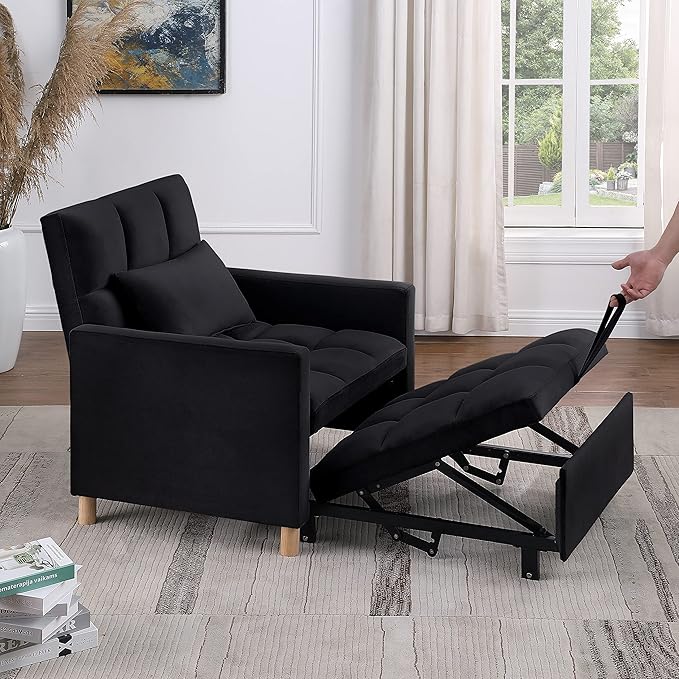 3-in-1 Single Convertible Chair BedSingle Sleeper Sofa Chair Bed with Pillow &amp Pocket Multi-Functional Sleeper Chair Living Room Chair with Velvet Fabric (Black)