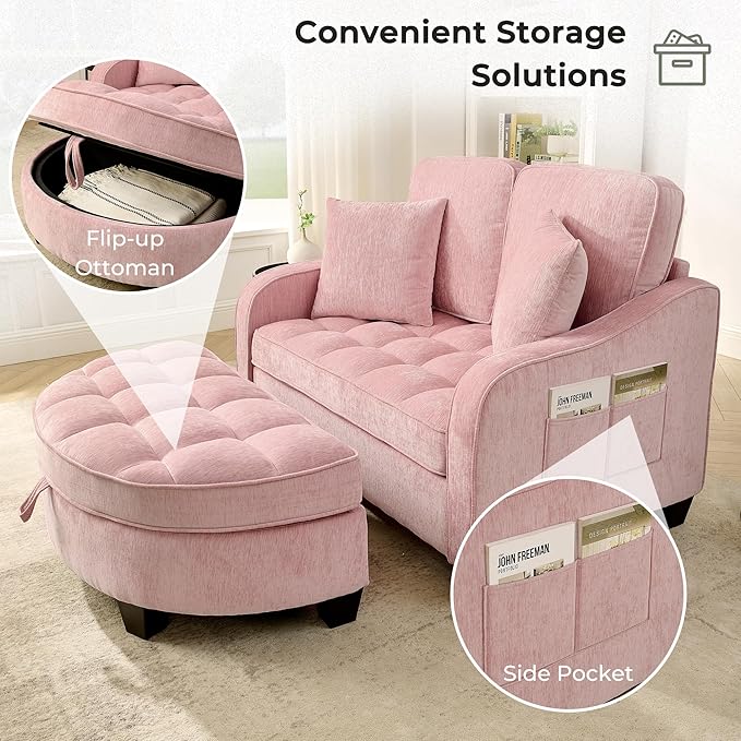 DEINPPA Oversized Accent Sofa Chair with Storage Ottoman Chenille Upholstered Comfy Chair with Throw Pillows for Living Room Reading Room Bedroom-Pink