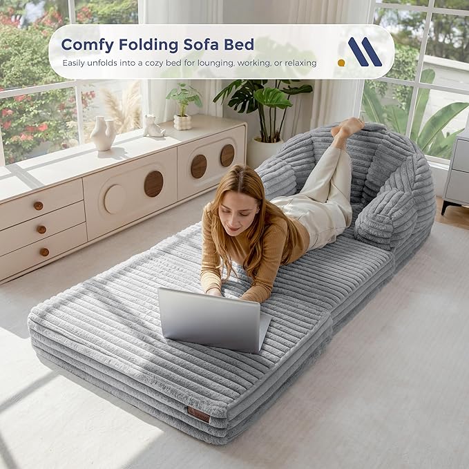 MAXYOYO Folding Sofa Bed 2 in 1 Convertible Sofa to Lounger Comfy Faux Fur Bean Bag Chair for Adults Floor Single Sleeper Couch Chair with Handle Couch Bed for Living Room Bedroom Grey