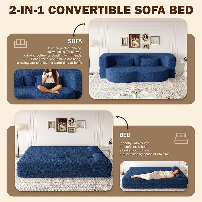 Convertible Sofa Bed Full Size｜78 Sleeper Couch with 2 Pillows｜Boucle Fabric Folding Sofa Bed｜High-Density Foam｜No Assembly｜Space-Saving｜for Living Room Guest Room｜Blue