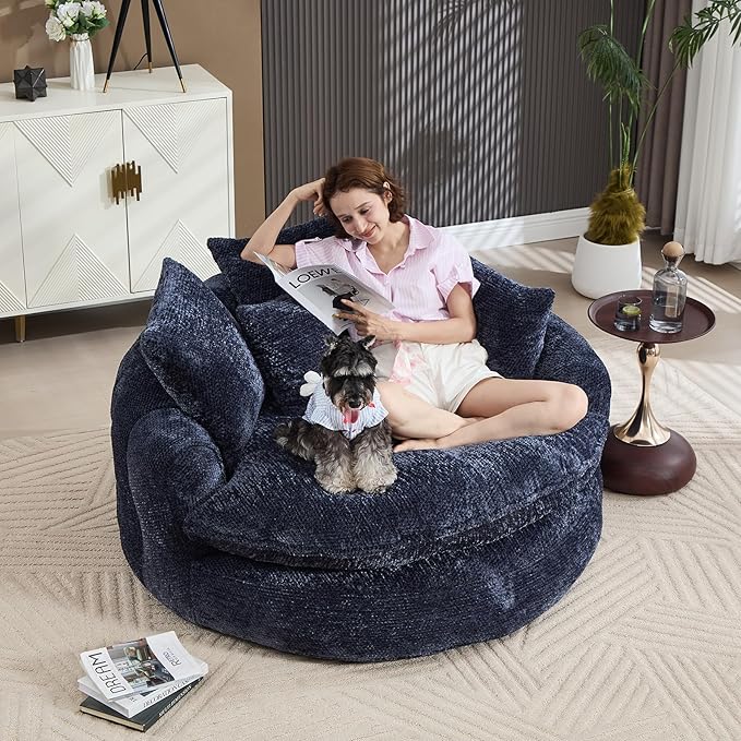 55 inch Oversized Round Chair Fluffy Chenille Boneless Sofa with Extra Deep Seat for Living Room Lounge (Blue)